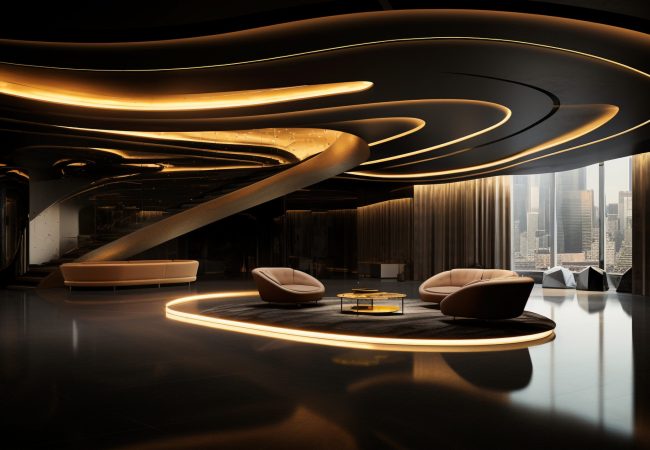 luxury golden modern curve building room in the dark